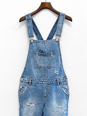 Ripe Light Blue Distressed Denim Overall Jean Shorts